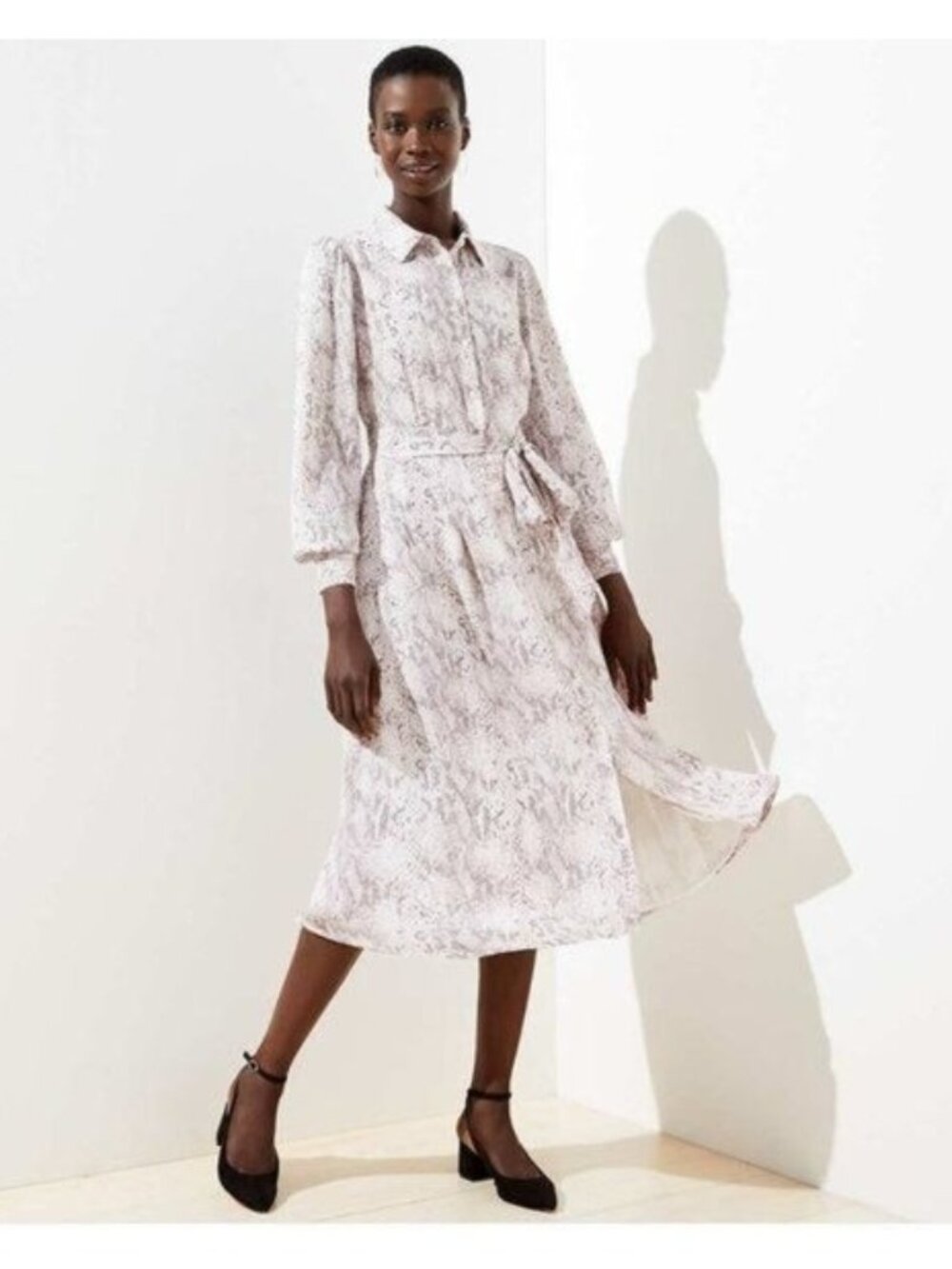 LOFT Snake Print Midi Shirtdress in Whisper White - 10